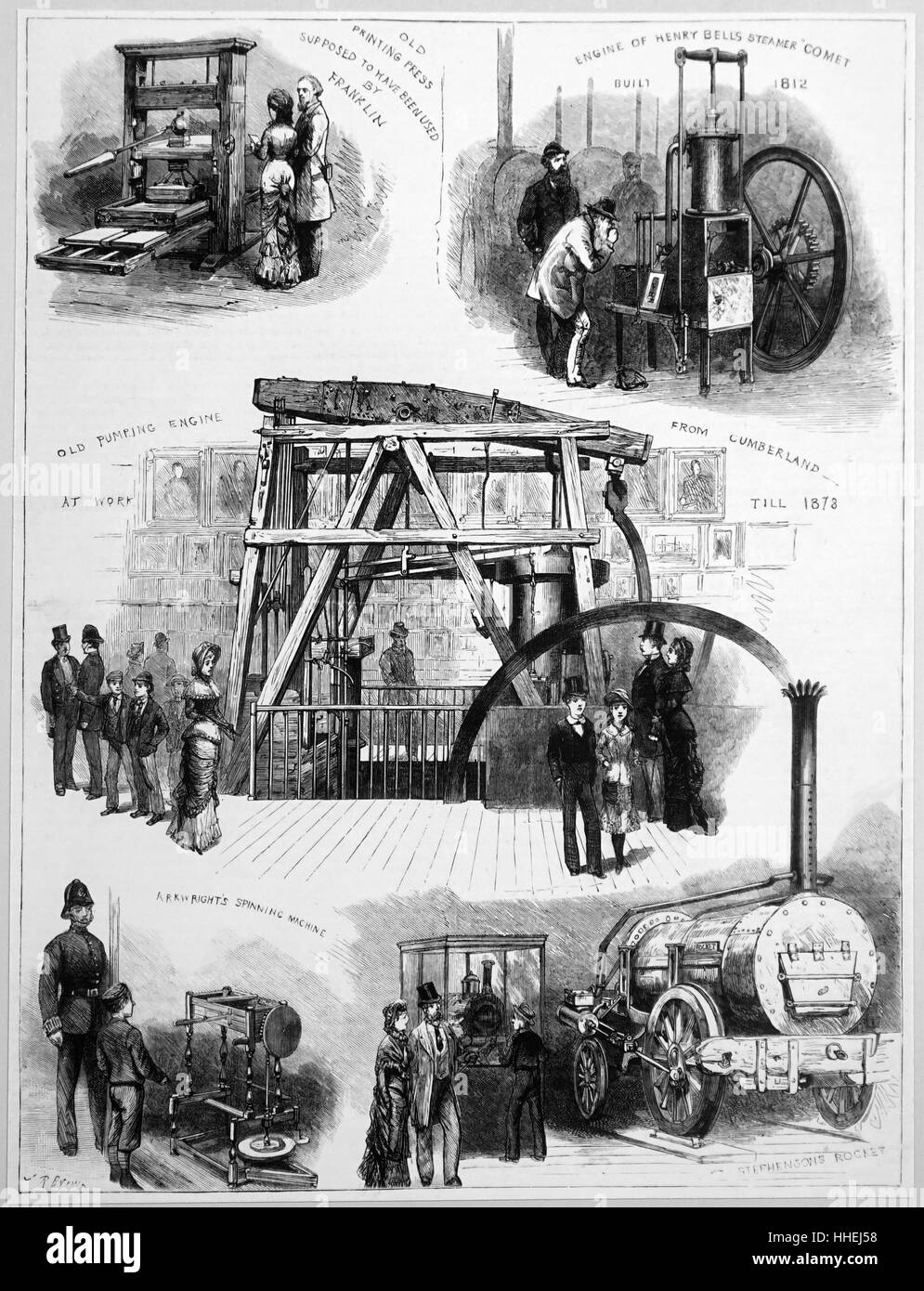 Illustration depicting various exhibits at the Patents Museum. Left to Right: Old Printing Press by Benjamin Franklin, Engine of the steamer comet by Henry Bells, Old pumping engine from Cumberland, Spinning Frame by Richard Arkwright and Stephenson's Rocket by George Stephenson. Dated 19th Century Stock Photo