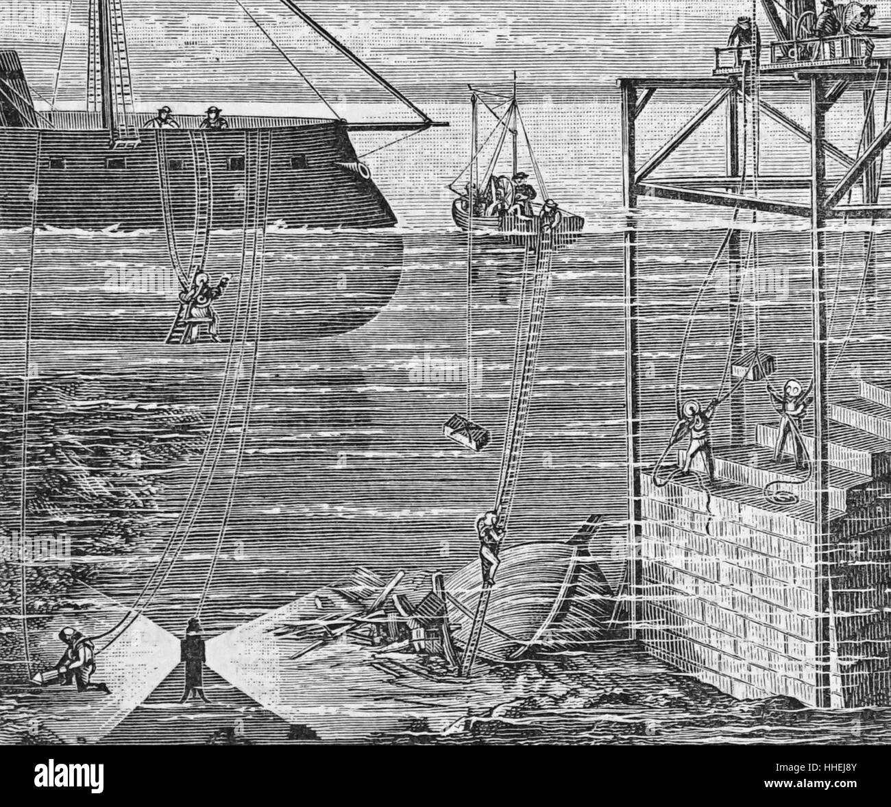 Engraving depicting the salvaging of a sunken ship. Dated 19th Century Stock Photo