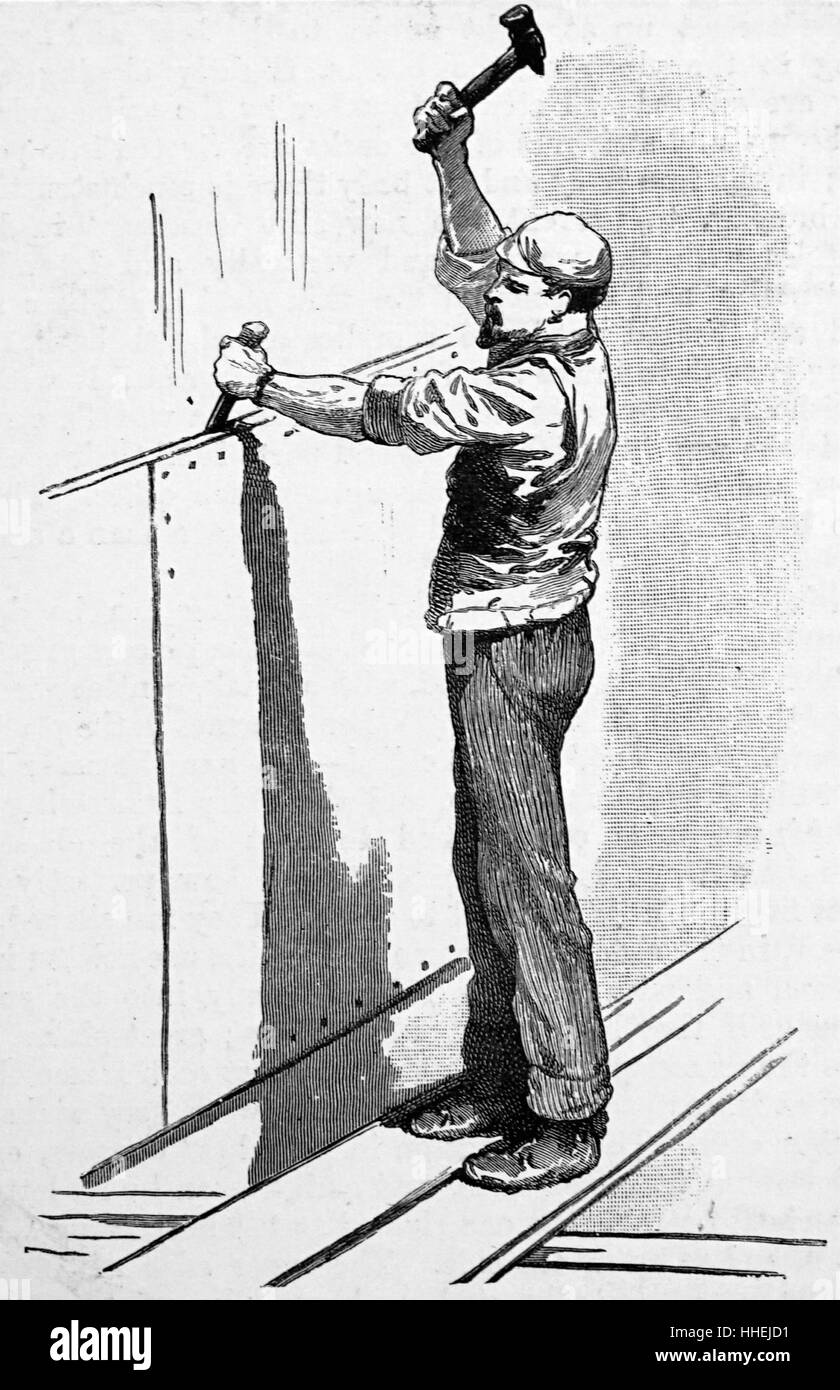 Illustration depicting the Caulking of a ship by turning in the edges of the riveted plates with a chisel. Dated 19th Century Stock Photo