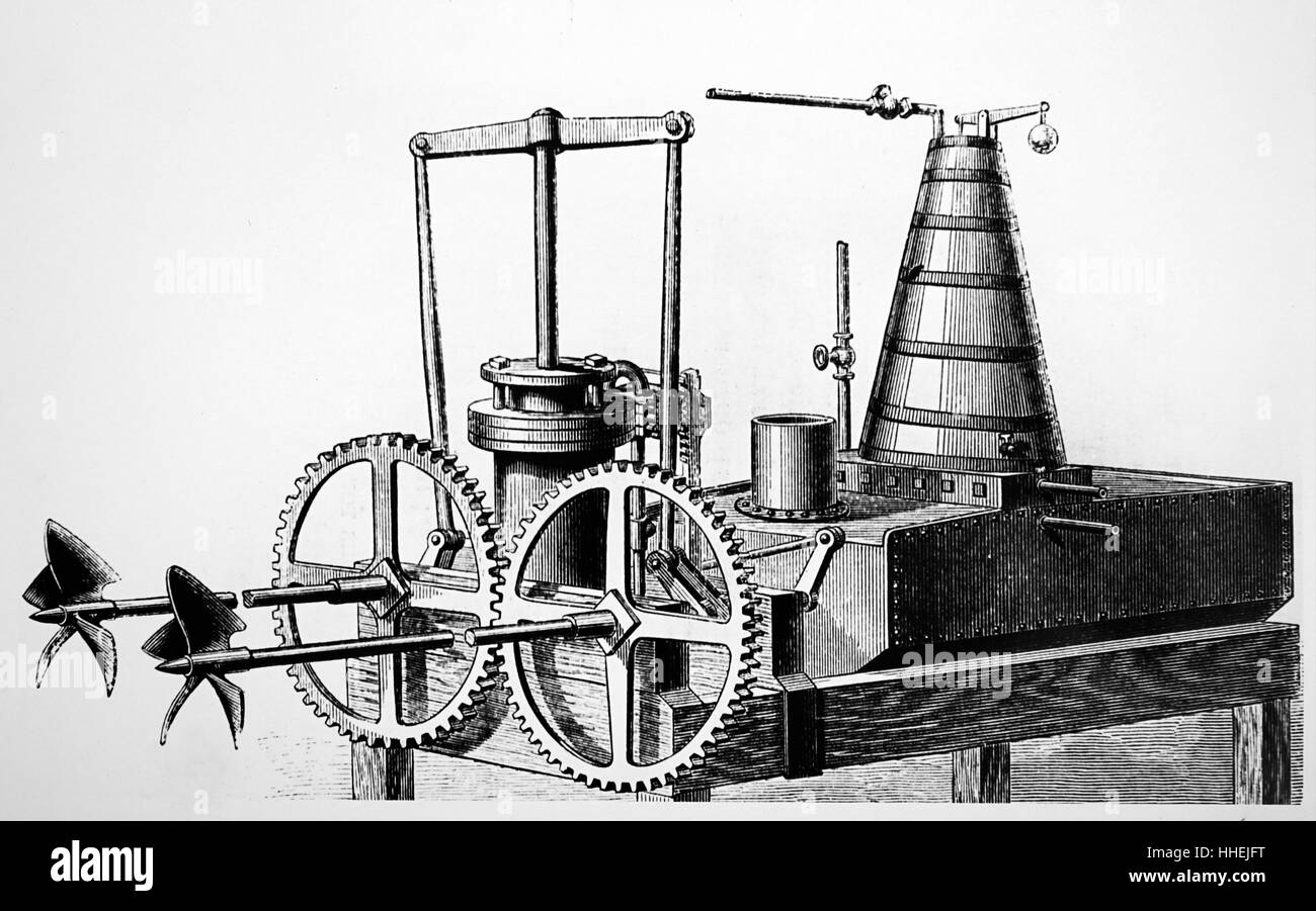 Engraving depicting a steam marine engine with twin propellers. Constructed in 1804 by James Stevens (1749-1838). Dated 19th Century Stock Photo