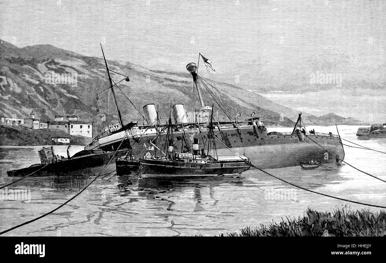 Engraving depicting the salvaging of a sunken ship. Dated 19th Century Stock Photo