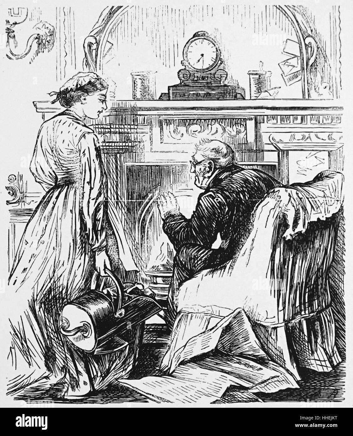 Illustration of a maid speaking with the elderly owner of the house. Dated 19th Century Stock Photo