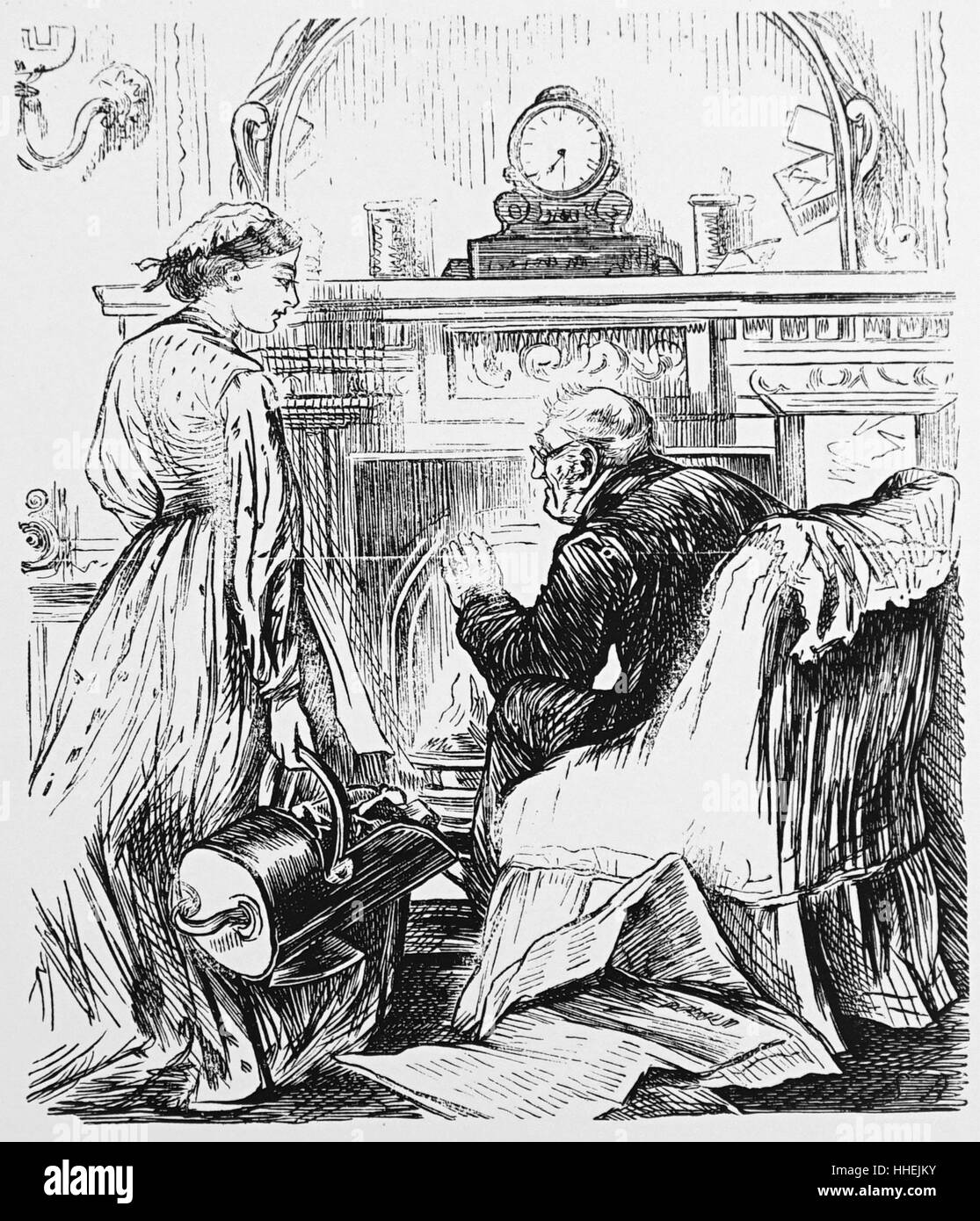 Illustration of a maid speaking with the elderly owner of the house. Dated 19th Century Stock Photo