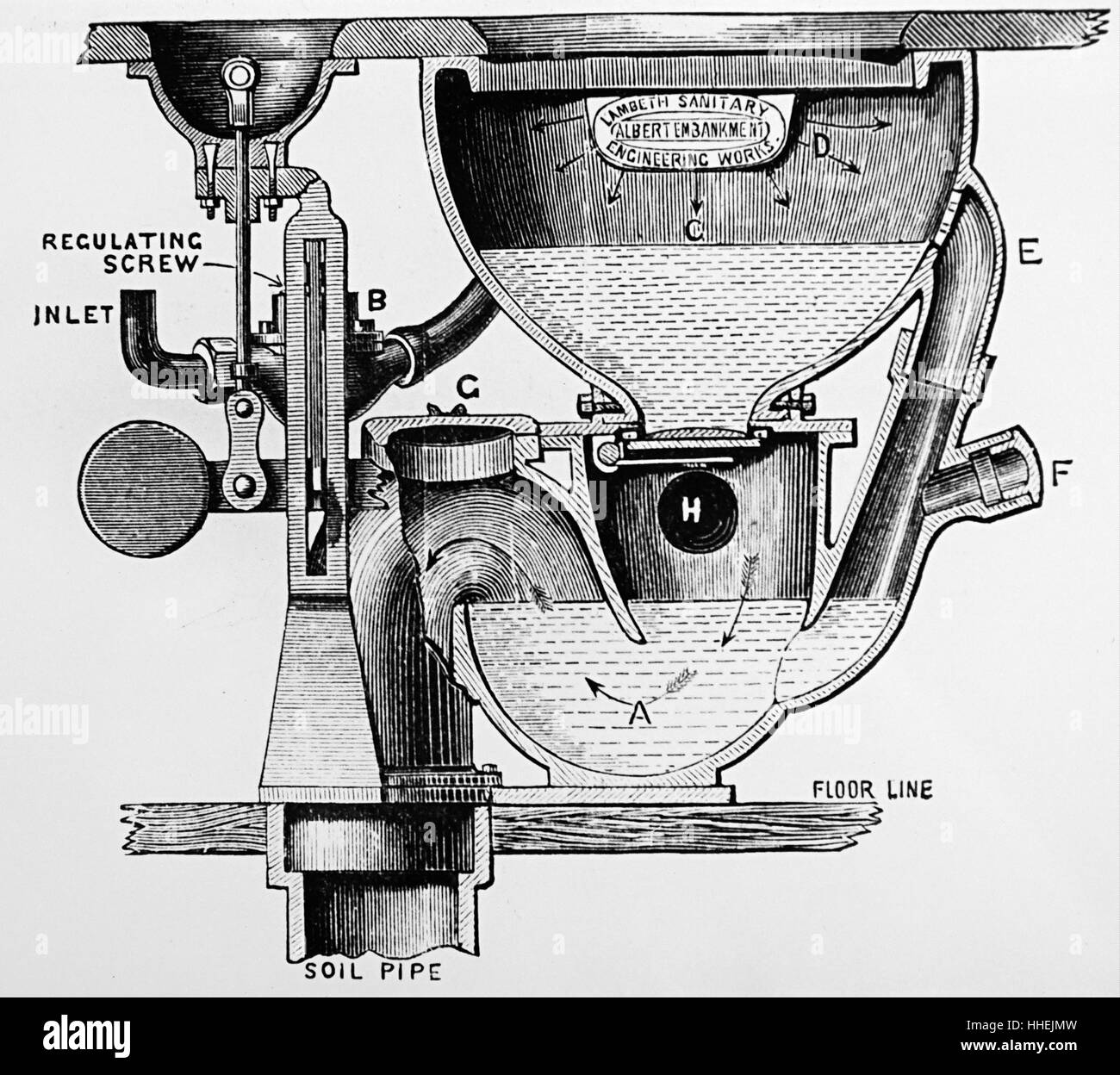 Engraving of Dolton's valve less flush-out water closet. Dated 19th Century Stock Photo