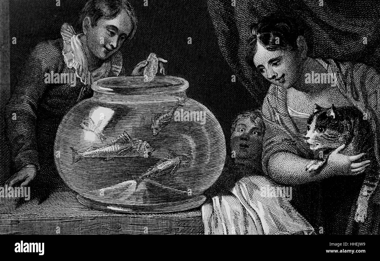 Illustration of children feeding their goldfish by William Marshall Craig (1765-1827) for the Rev. Edward Polehampton. Dated 19th Century Stock Photo