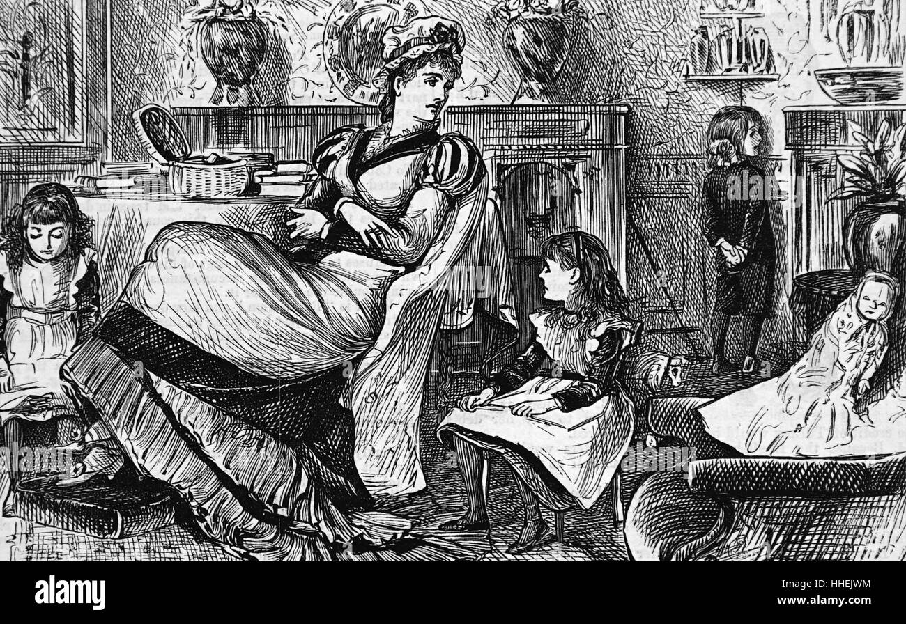 Engraving depicting a nursemaid who has disciplined a child by making them face the corner whilst the other children continue to play. Dated 19th Century Stock Photo