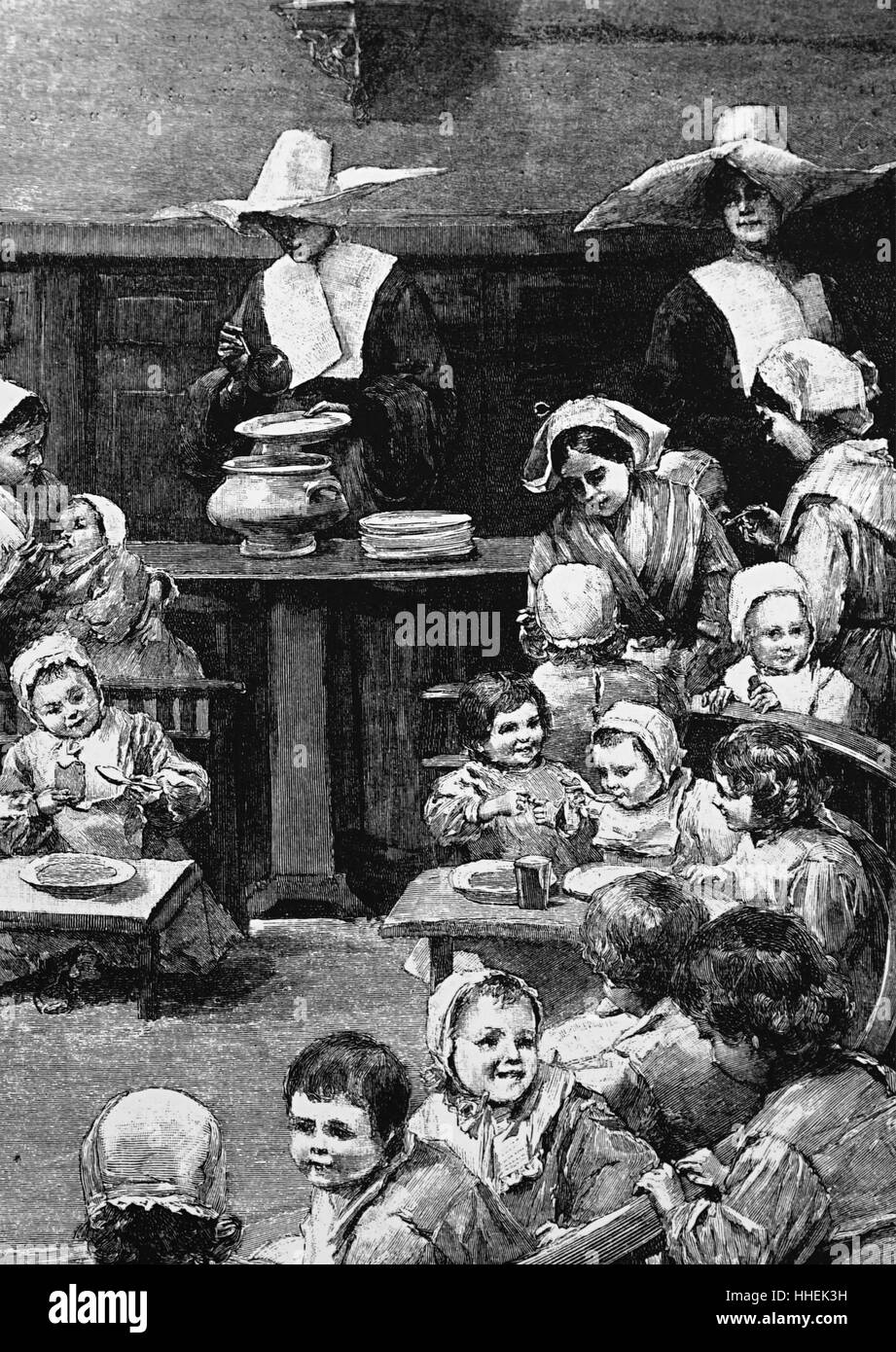 Illustration depicting the dinning hall of an orphanage in France run by the Sisters of St. Vincent de Paul. Dated 19th Century Stock Photo