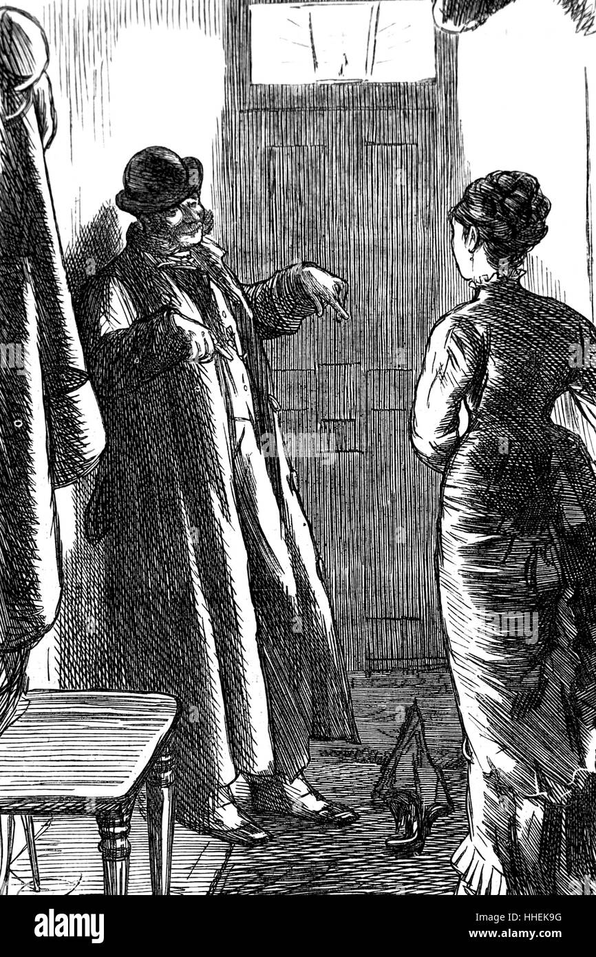 Cartoon depicting a drunken man returning home to his wife. Dated 19th Century Stock Photo