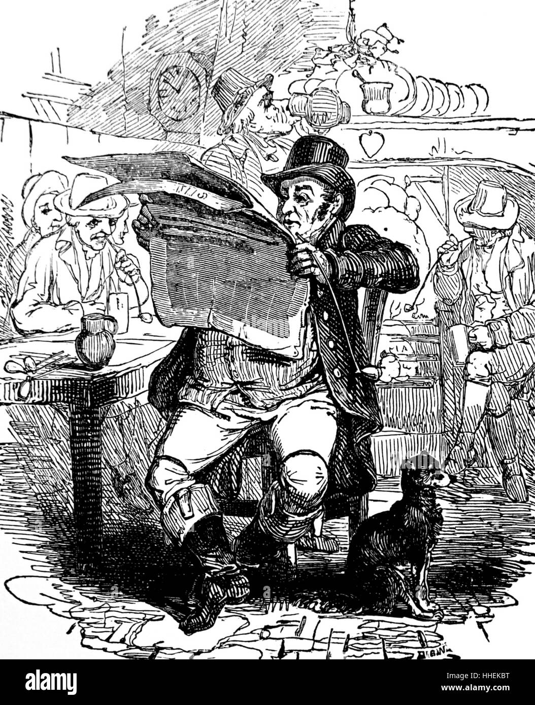 Illustration depicting a farmers reading the newspaper and smoking 'churchwarden' pipes in the local tavern. Dated 19th Century Stock Photo