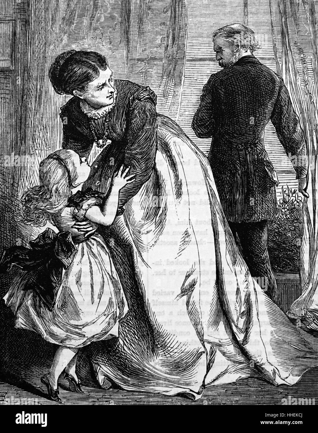 Illustration depicting a mother shielding her child from her angry father. Dated 19th Century Stock Photo
