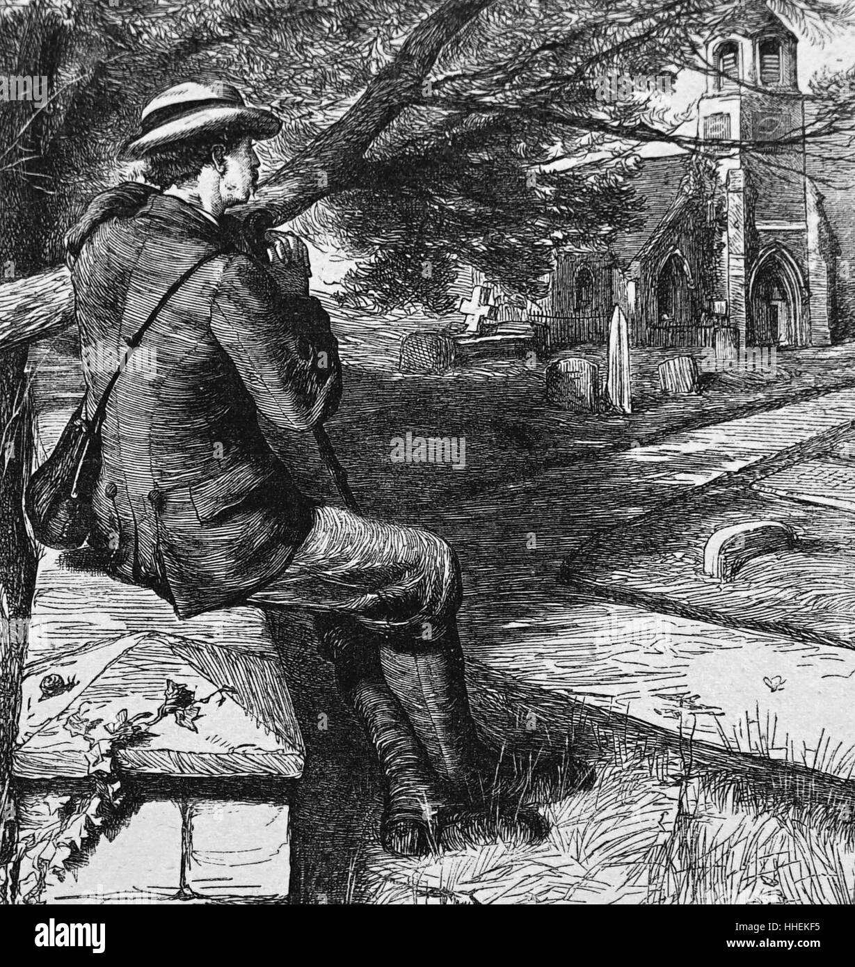 Illustration of a young man sitting in a church yard at night. Dated 19th Century Stock Photo