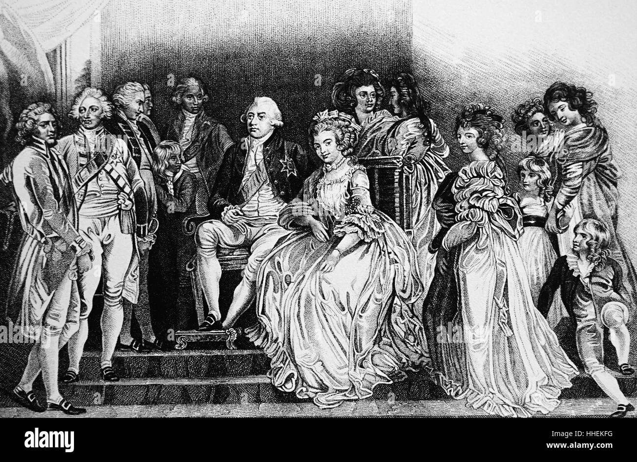 Illustration depicting King George III (1738-1829) with his Consort Charlotte Sophia (1744-1818) and their family, including King George VI (1762-1830). Dated 19th Century Stock Photo