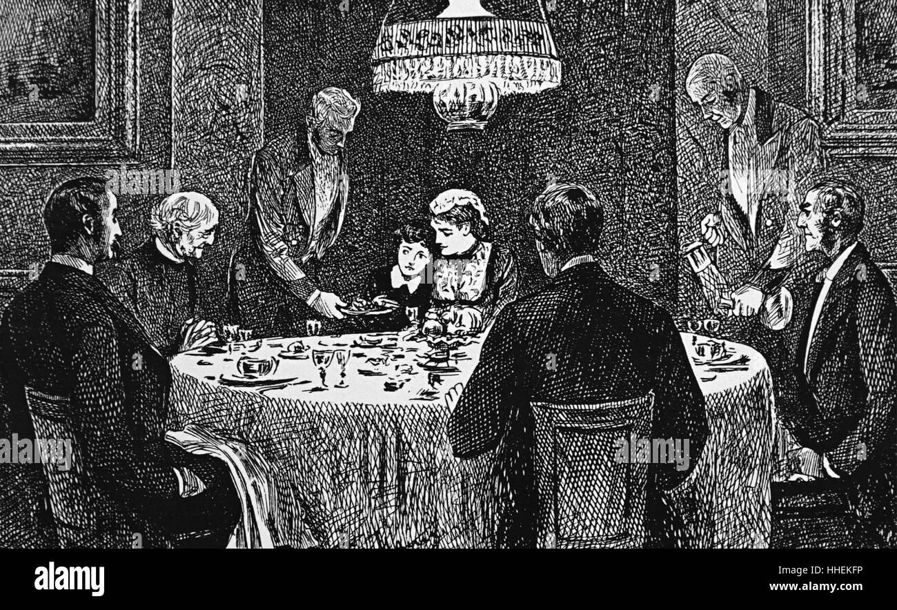 Illustration depicting an upper class family at the table. Illustrated by George du Maurier (1834-1896) a Franco-British cartoonist and author. Dated 19th Century Stock Photo