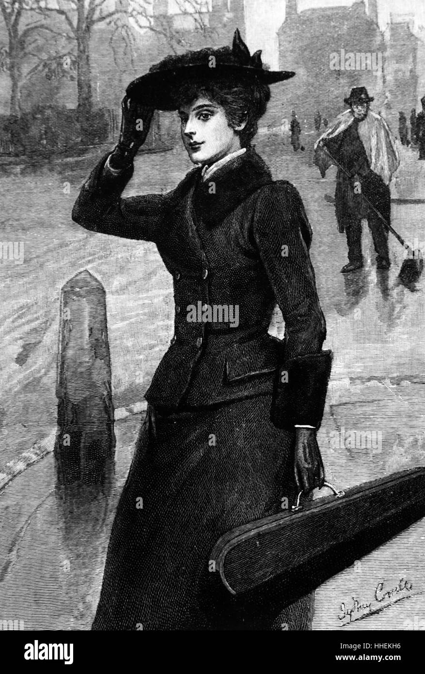Illustration titled 'The Breadwinner' depicting a young widow on her way to a concert to earn money to support her family. Dated 19th Century Stock Photo