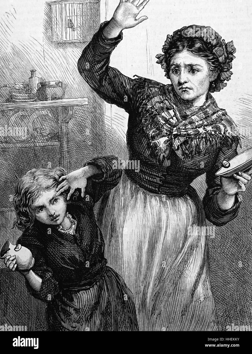 Illustration depicting a stepmother hitting her stepdaughter who had accidently broke a milk jug. Dated 19th Century Stock Photo