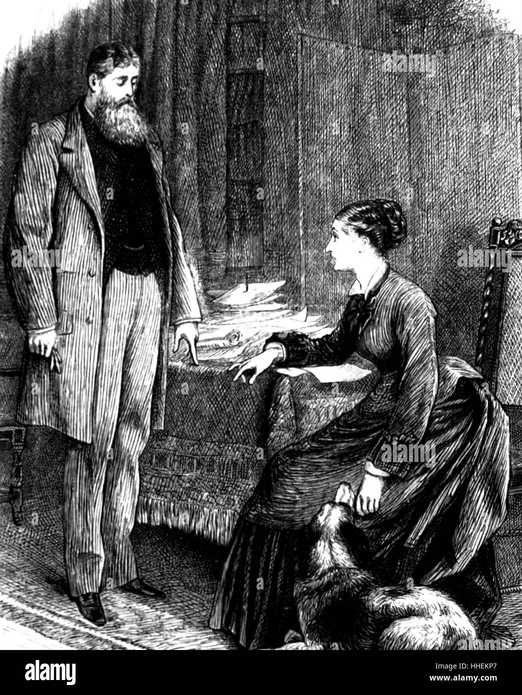 Illustration depicting a father and daughter talking during the Victorian Era. Dated 19th Century Stock Photo