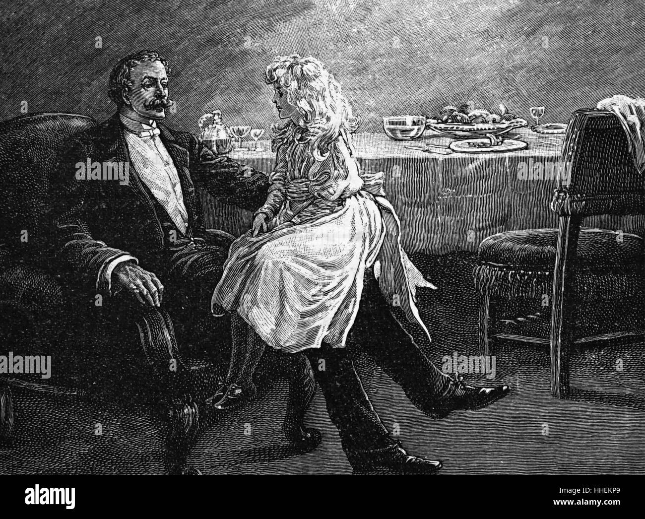 Illustration depicting a father and daughter talking during the Victorian Era. Dated 19th Century Stock Photo