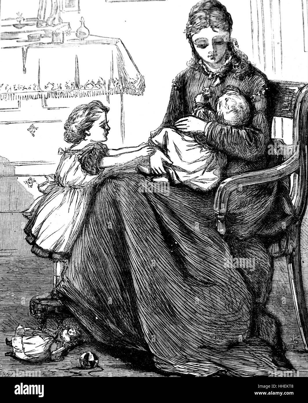 Illustration depicting a mother with her children in the nursery. Dated ...