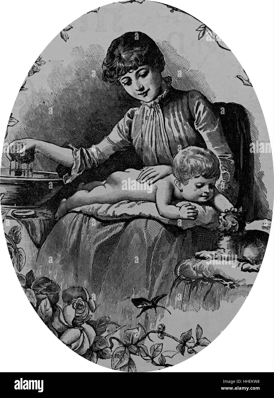 Illustration depicting a young mother changing her child whilst he plays with the family cat. Dated 19th Century Stock Photo