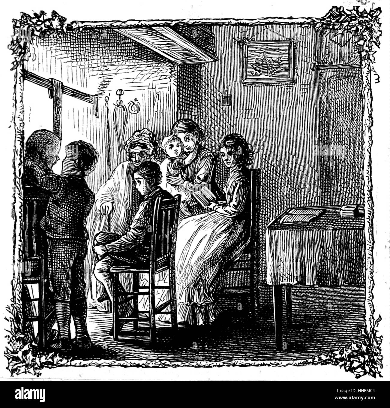 Illustration depicting a family huddled around the fireplace on a particularly bitter cold night. Dated 19th Century Stock Photo