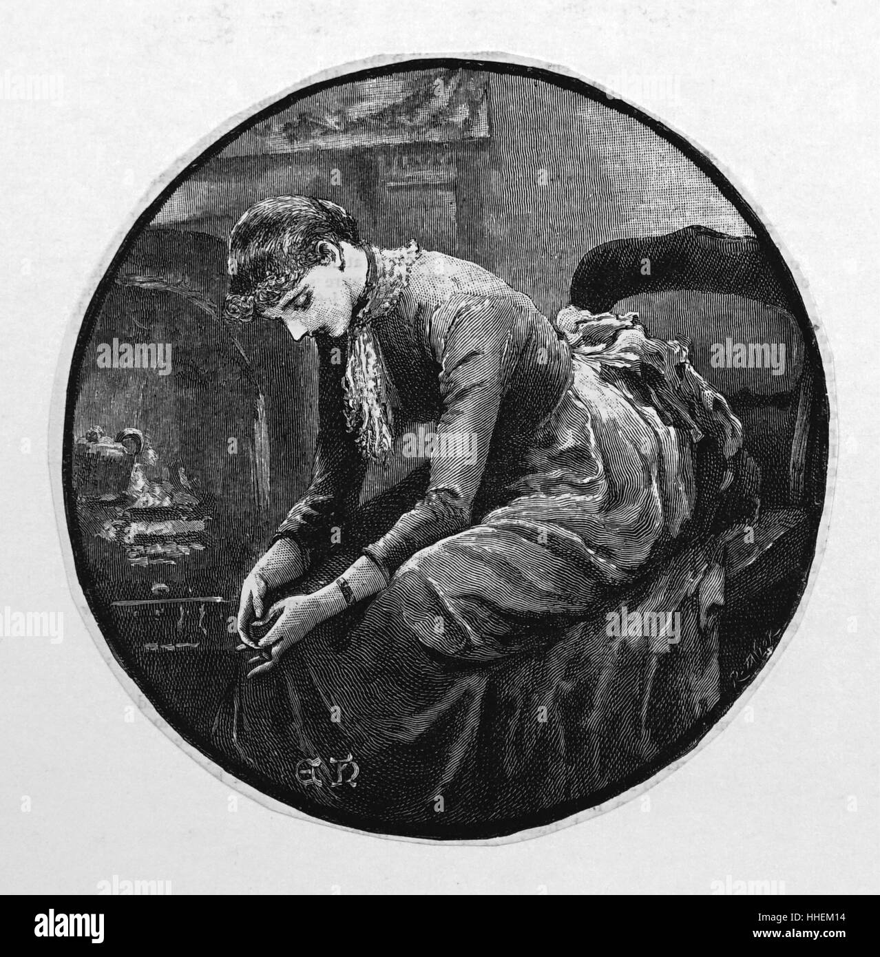 Illustration depicting a young widow grieving the loss of her husband