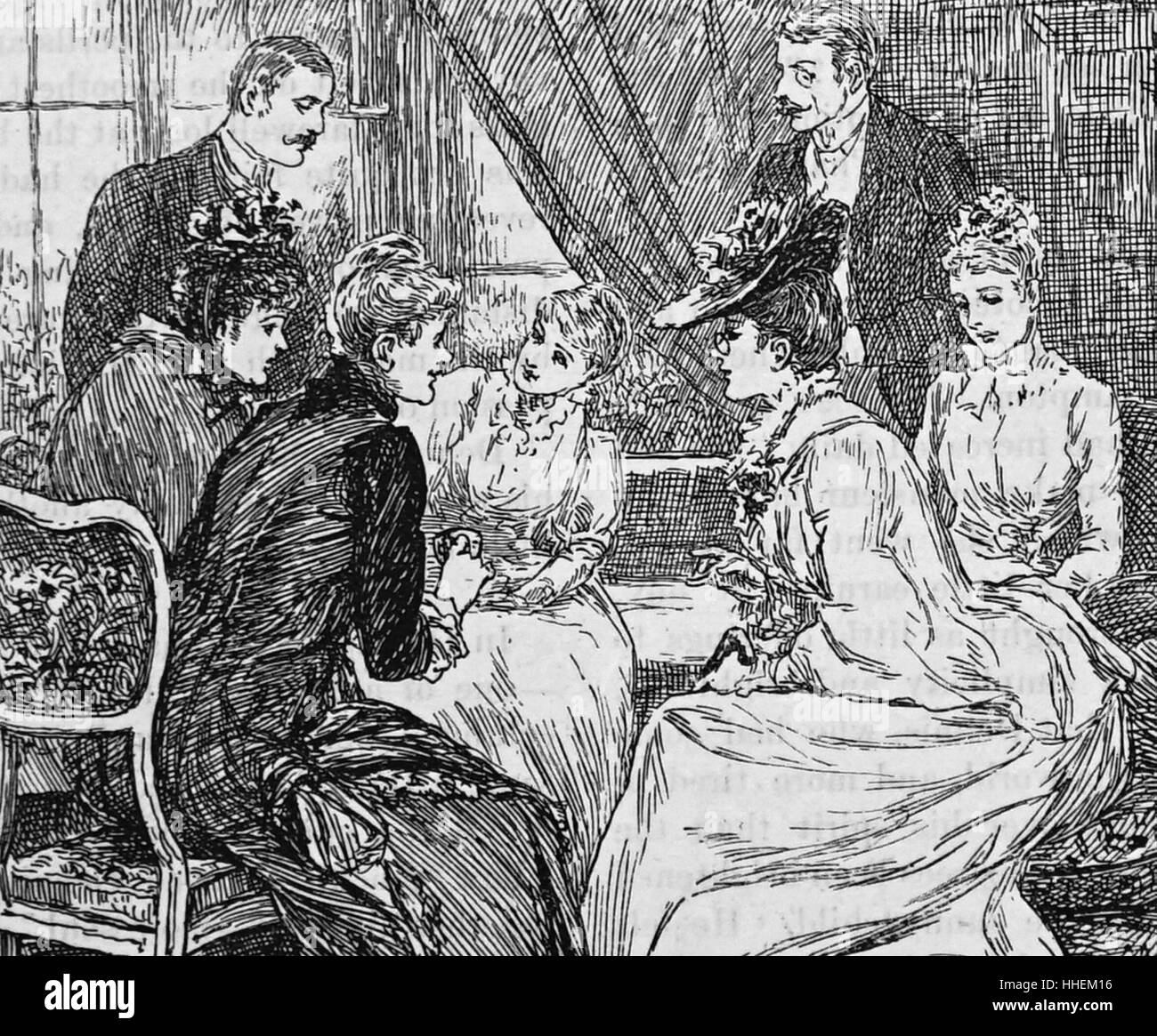 Illustration depicting a group of young women gossiping during afternoon tea. Dated 19th Century Stock Photo