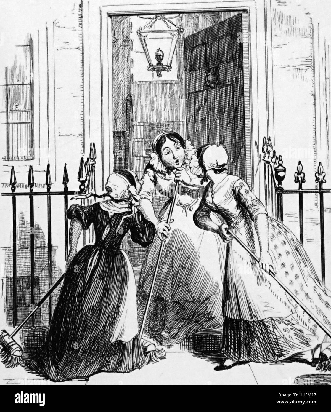 Illustration depicting maids from adjoining terraced houses making the most of ''sweeping the steps'' as an opportunity for a good gossip. Illustrated by George Cruikshank (1792-1878) a British caricaturist and book illustrator. Dated 19th Century Stock Photo