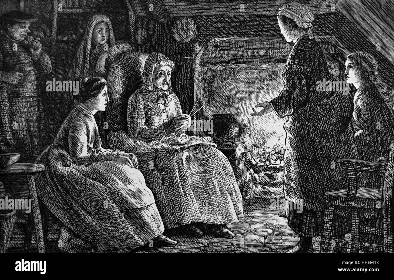 Illustration depicting a group of women sat gossiping around a raging fire. Illustrated by Francis Wilfred Lawson (1842-1935) a British artist. Dated 19th Century Stock Photo