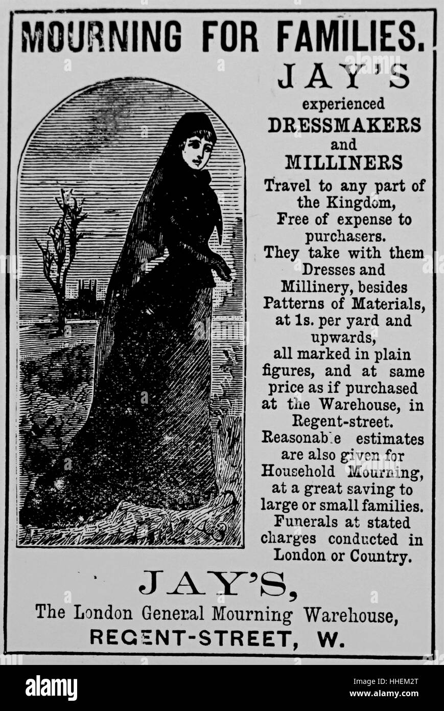 Advert for Jay's London General Mourning Warehouse, providing dressmaking skills and Milliners for mourners. Dated 19th Century Stock Photo
