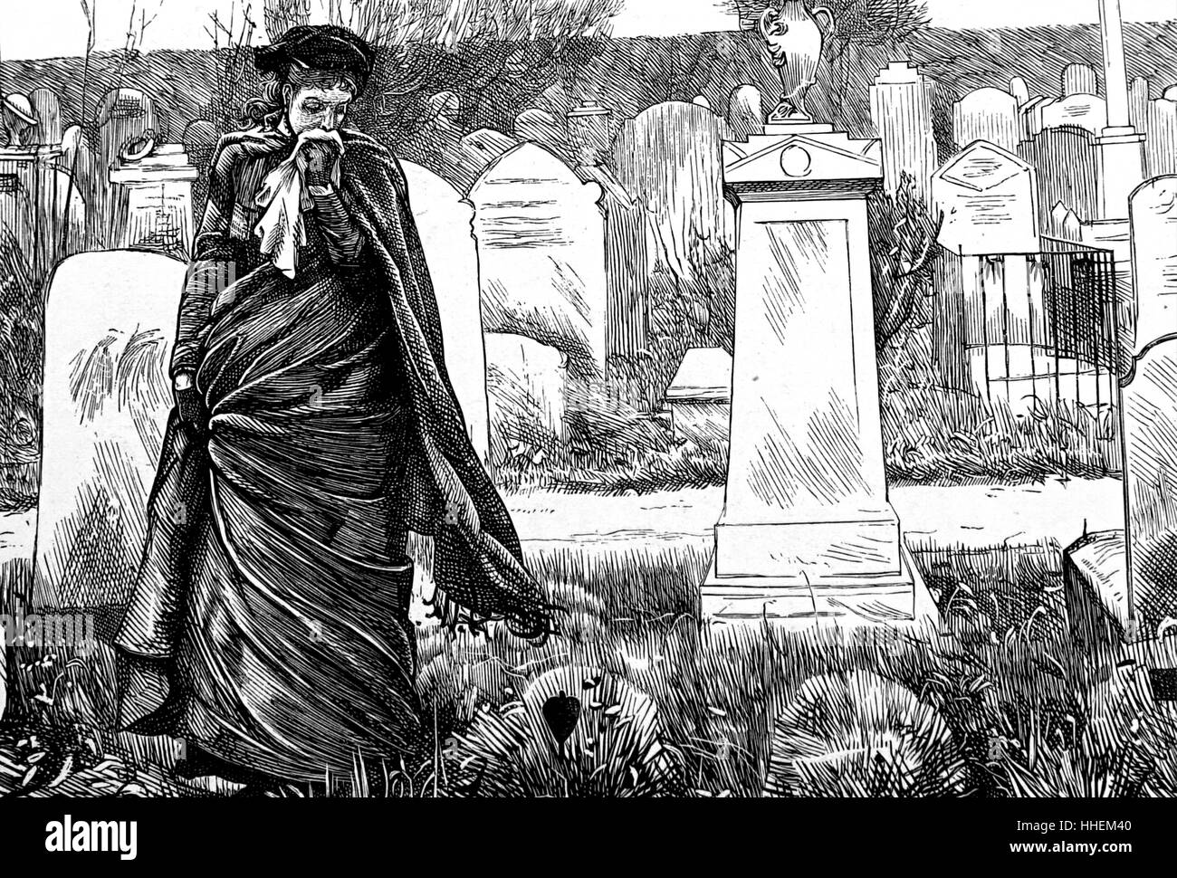 Illustration depicting a widow mourning at a graveside. Illustrated by George John Pinwell (1842-1875) a British water-colourist and illustrator. Dated 19th Century Stock Photo