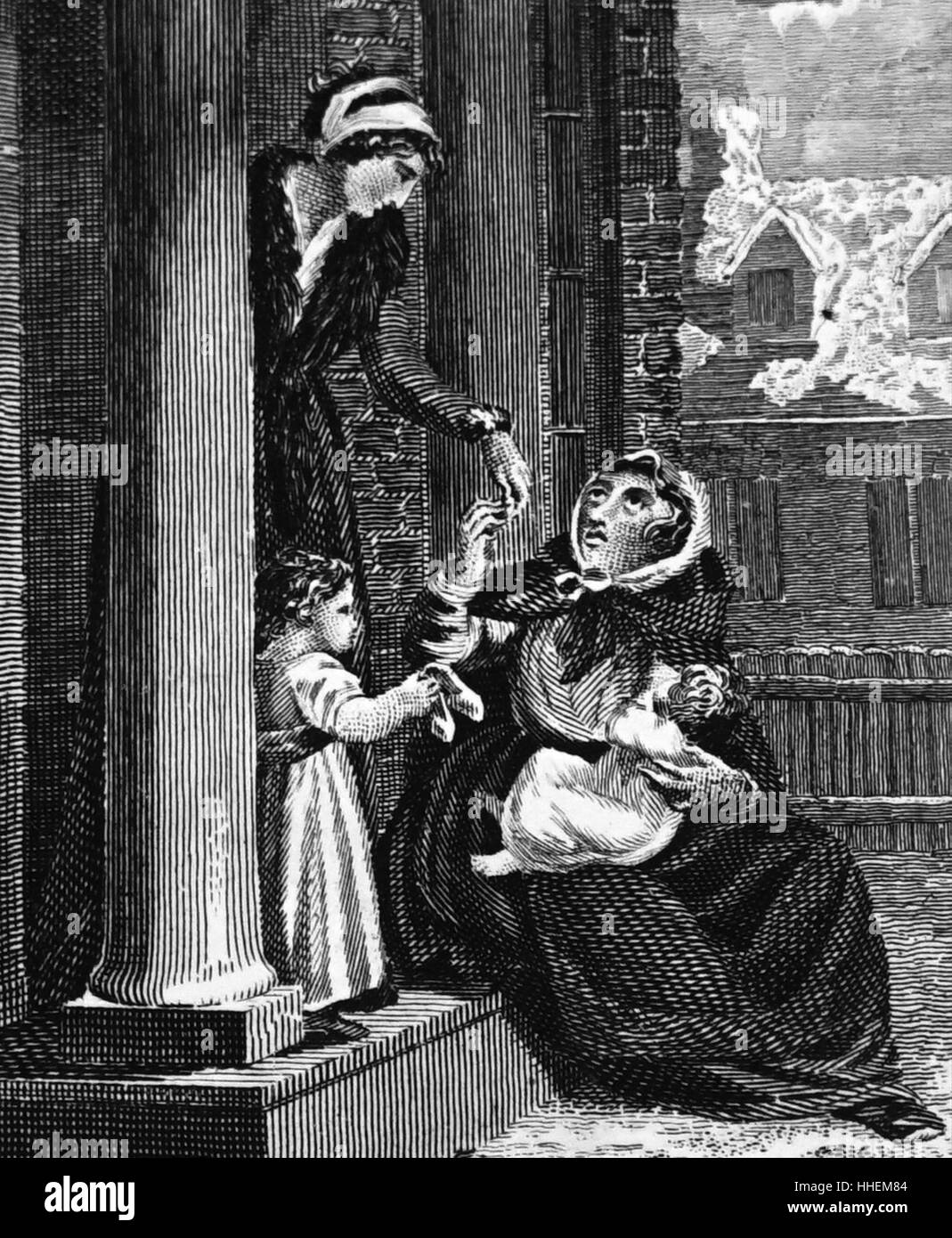 Illustration of a destitute mother begging for herself and her baby. Dated 19th Century Stock Photo