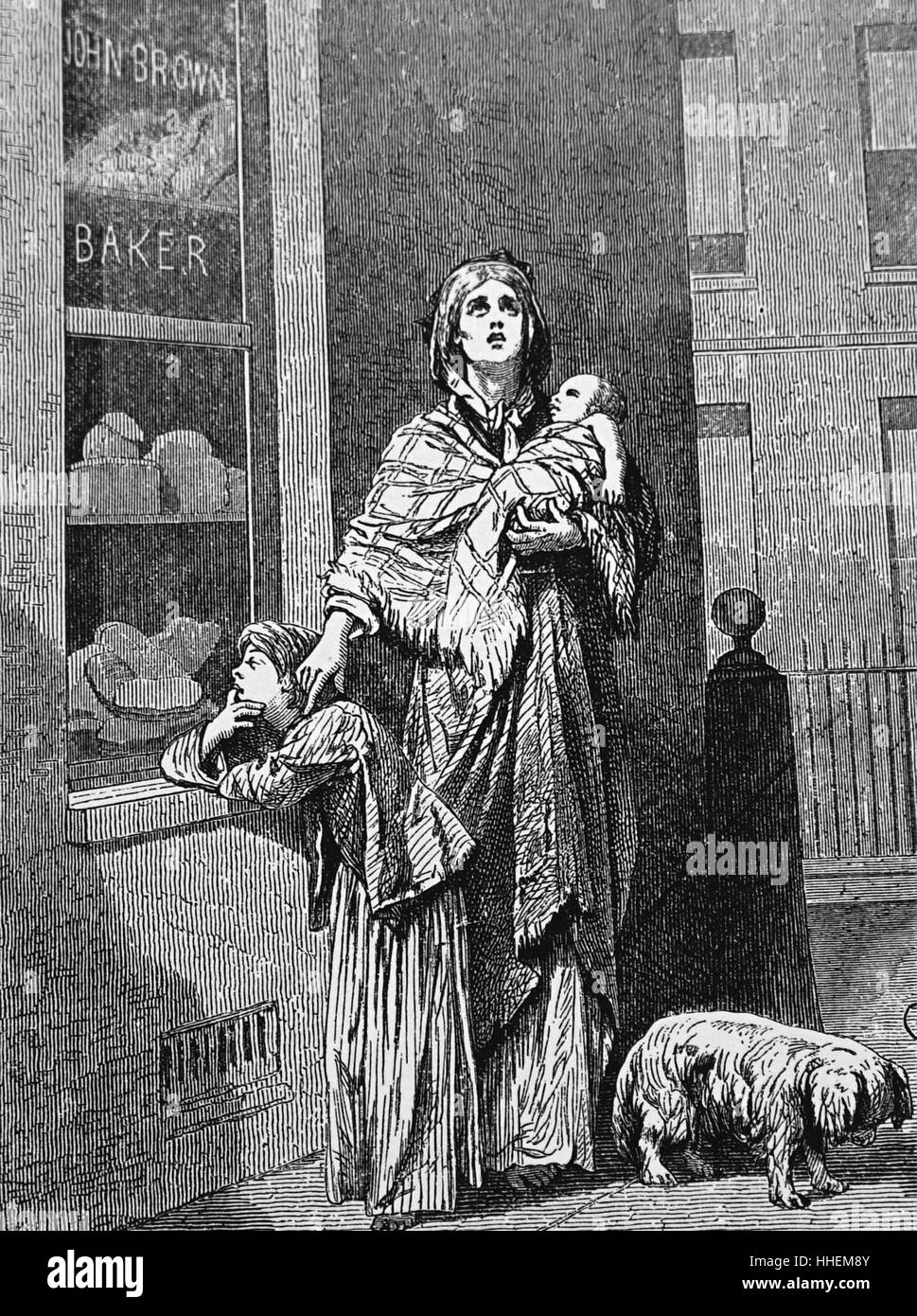 Illustration depicting a destitute mother with her child. Dated 19th Century Stock Photo