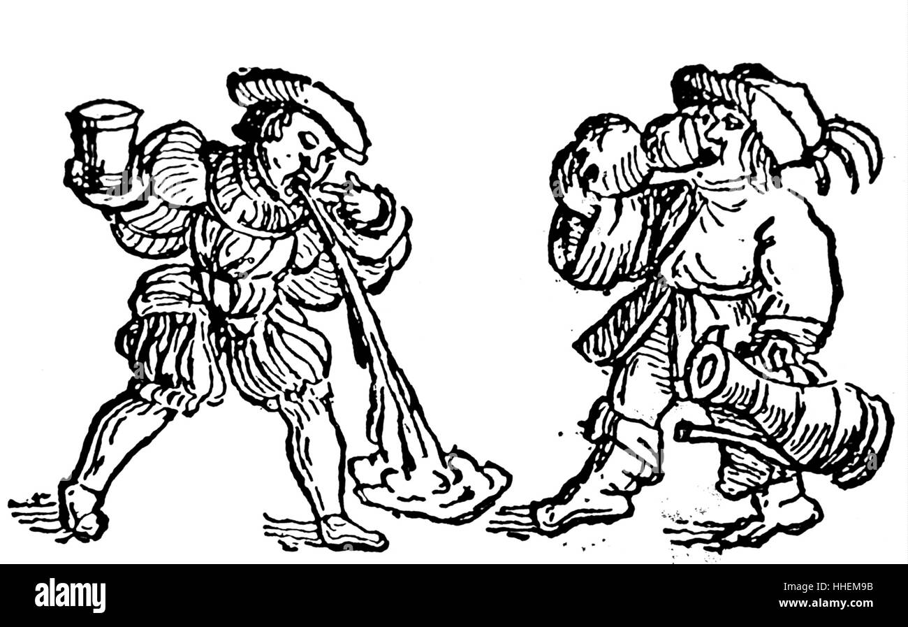Woodcut print depicting two drunks, one of which is throwing up. Dated 17th Century Stock Photo