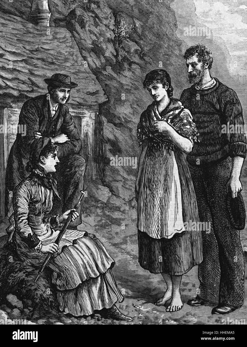 Illustration depicting two working class couples conversing. Dated 19th Century Stock Photo