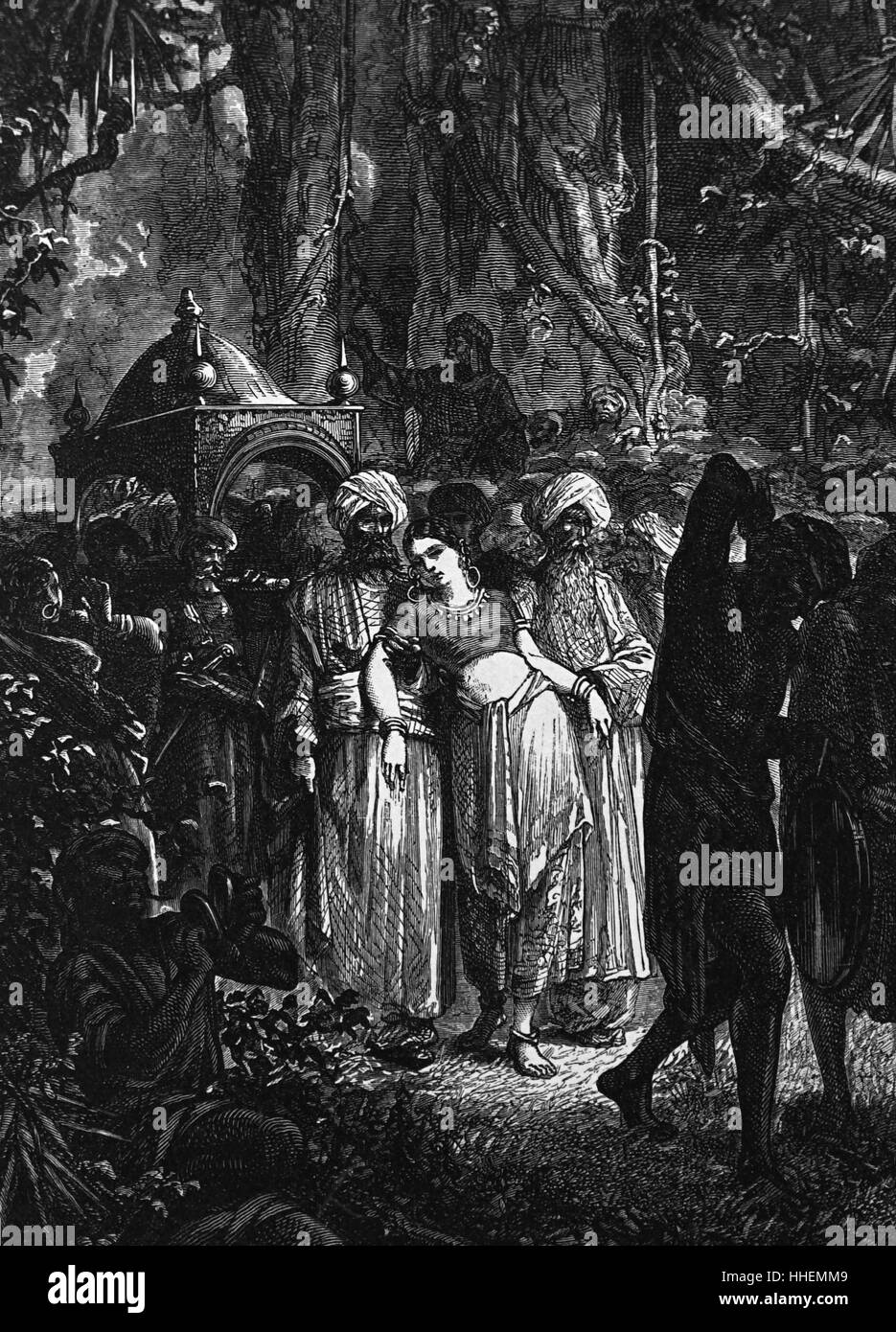 Illustration depicting the widow of a Brahmin being led to commit suttee on her husband's funeral pyre. Dated 19th Century Stock Photo