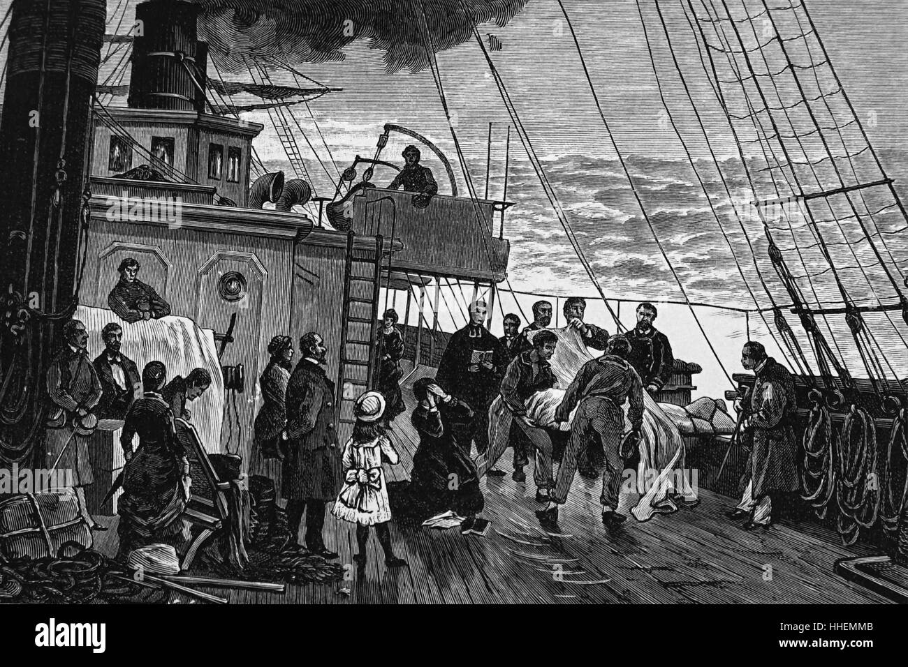 Illustration depicting a burial at sea. Dated 19th Century Stock Photo