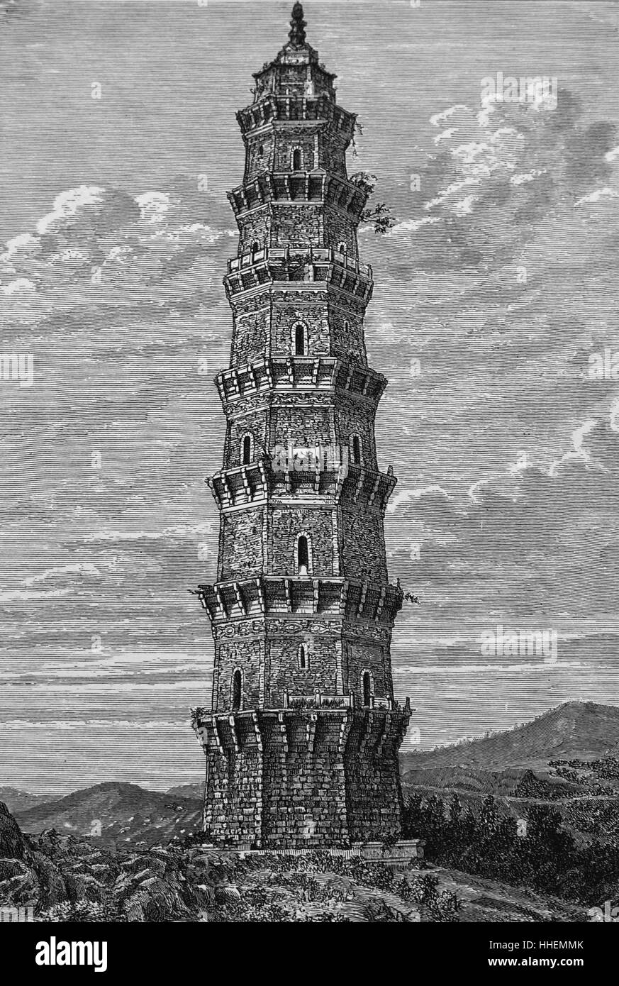 Wood engraving of a Pagoda in the province of Quei-Chow, China. Dated 19th Century Stock Photo