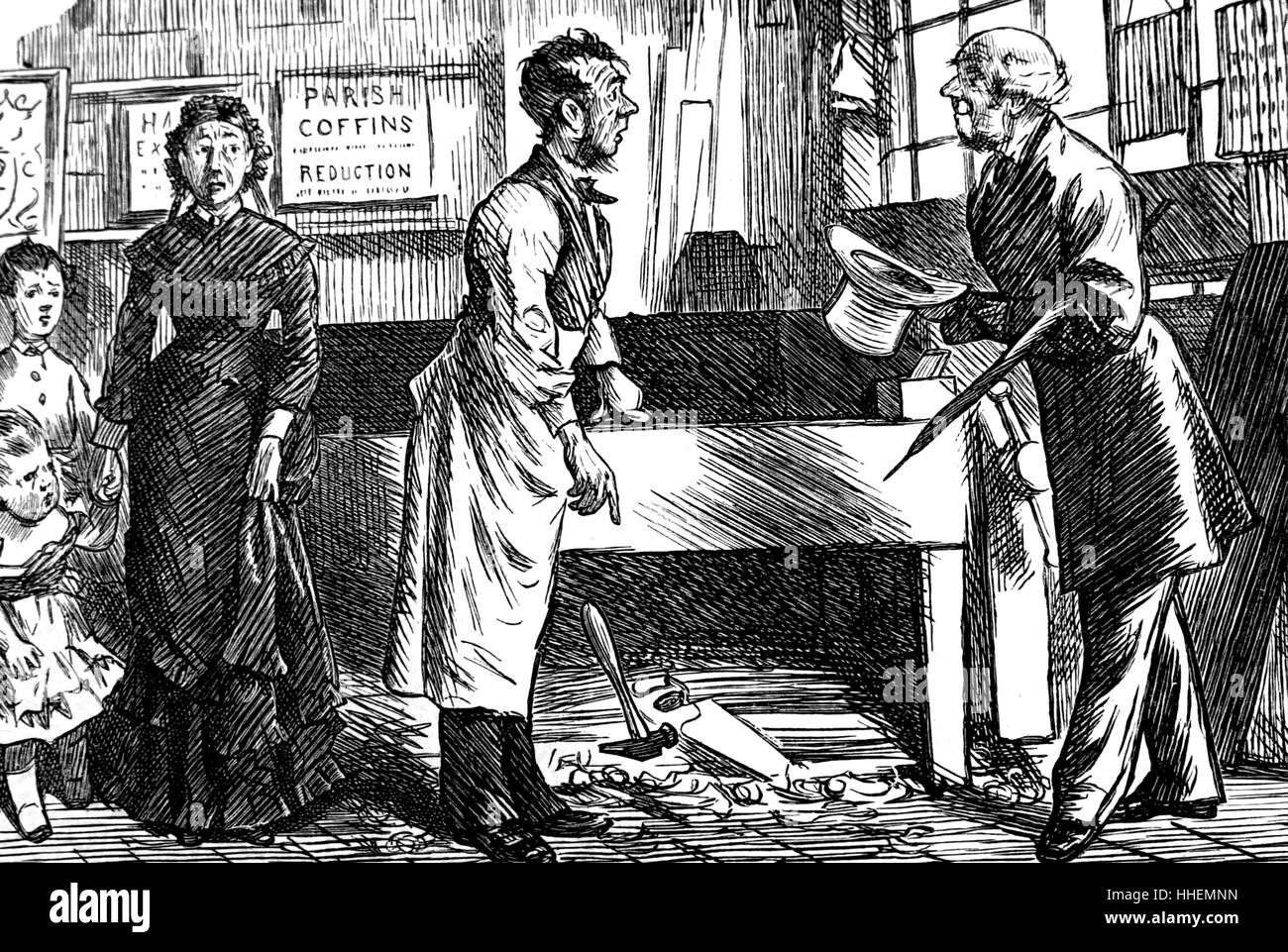 Cartoon depicting a grieving widow selecting her husband's coffin. Dated 19th Century Stock Photo