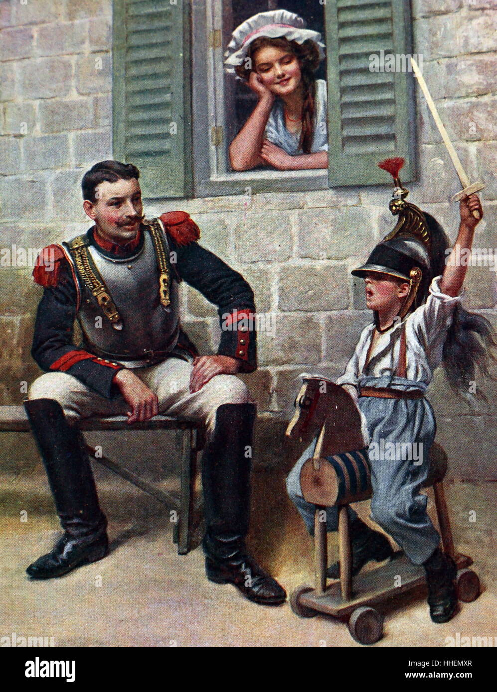 Painting depicting a Victorian soldier playing with his son. Dated 19th Century Stock Photo