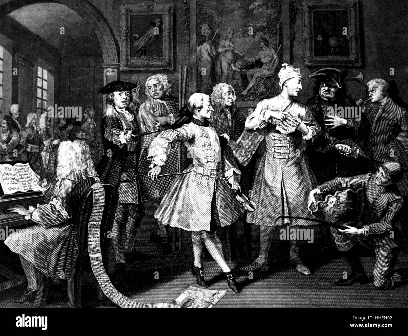 Engraving titled 'The Rake's Progress' by William Hogarth (1697-1764) showing the Rake launched in the fashionable world with all the social parasites around him ready to spend all his money. Dated 18th Century Stock Photo