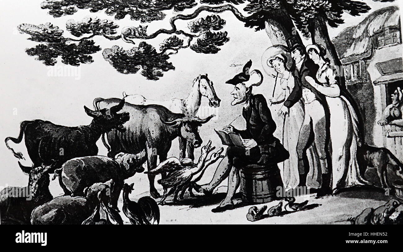 Illustration of the fictional character of Dr Syntax with the Squire, his wife and sister, accompanying him to the farmyard to sketch the animals. Dr Syntax was created by William Combe (1742-1823) and the cartoonist Thomas Rowlandson (1756-1827). Dated 19th Century Stock Photo