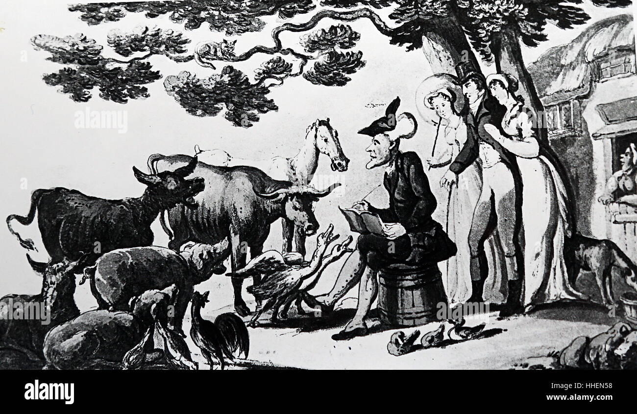Illustration of the fictional character of Dr Syntax with the Squire, his wife and sister, accompanying him to the farmyard to sketch the animals. Dr Syntax was created by William Combe (1742-1823) and the cartoonist Thomas Rowlandson (1756-1827). Dated 19th Century Stock Photo