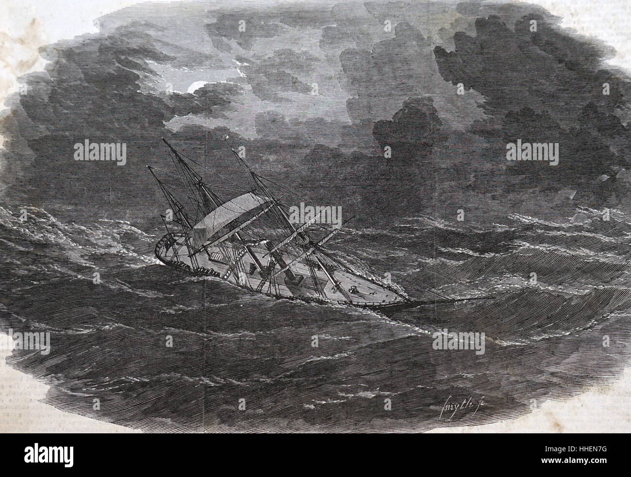 Illustration depicting the steamer 'Argo' in a cyclone off the Island of Desolation. Dated 19th Century Stock Photo