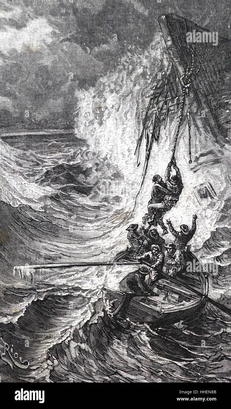 Illustration depicting sailors trying to escape a sinking ship via the use of a lifeboat. Dated 19th Century Stock Photo