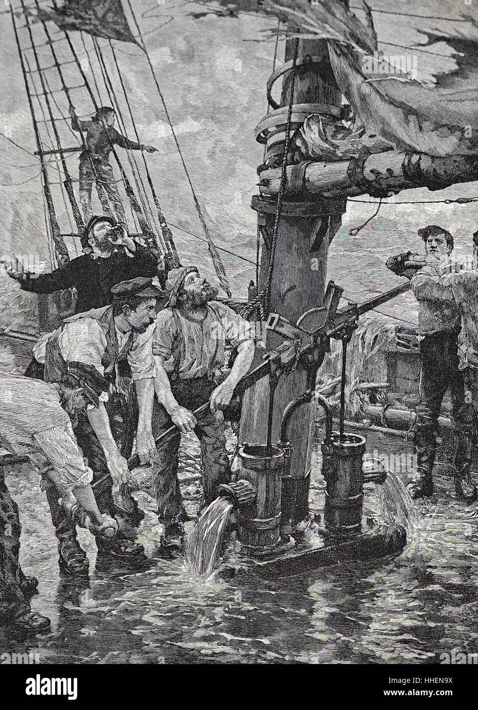 Illustration titled 'All Hands to the Pump' depicting crew members trying pump water off the deck of a sinking ship. Dated 19th Century Stock Photo