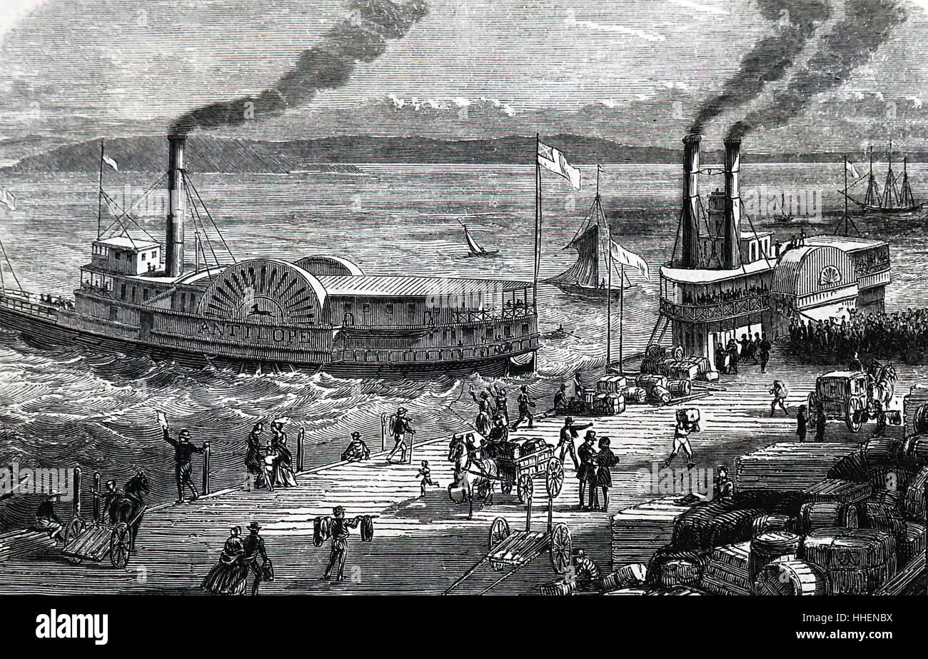 Illustration depicting paddle steamers at the Levee in San Francisco
