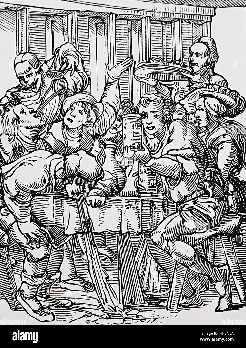 Illustration depicting a drunkard being visited by 'Death'. Dated 16th Century Stock Photo