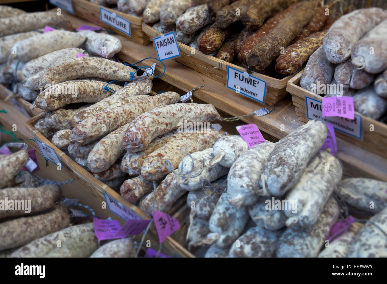 Traditional local Sausage's in French market,Europe Stock Photo