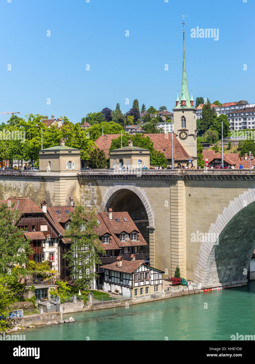 Medieval houses lining the banks of the Aare river in Bern (Unesco Heritage), the capital of Switzerland Stock Photo