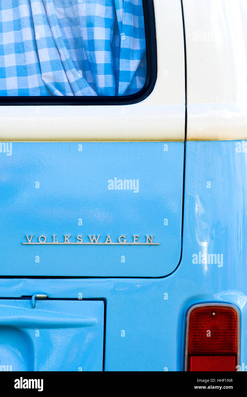 Blue VW Volkswagen camper van rear end Stock Photo